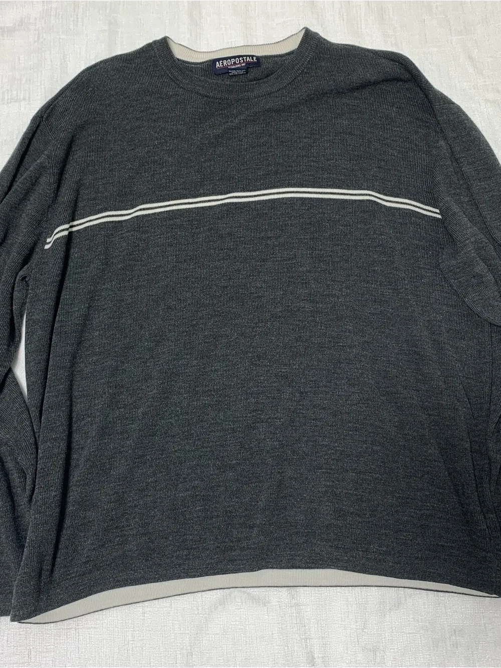 Aeropostale Men's Charcoal Gray Crewneck Sweater with Cream Stripe